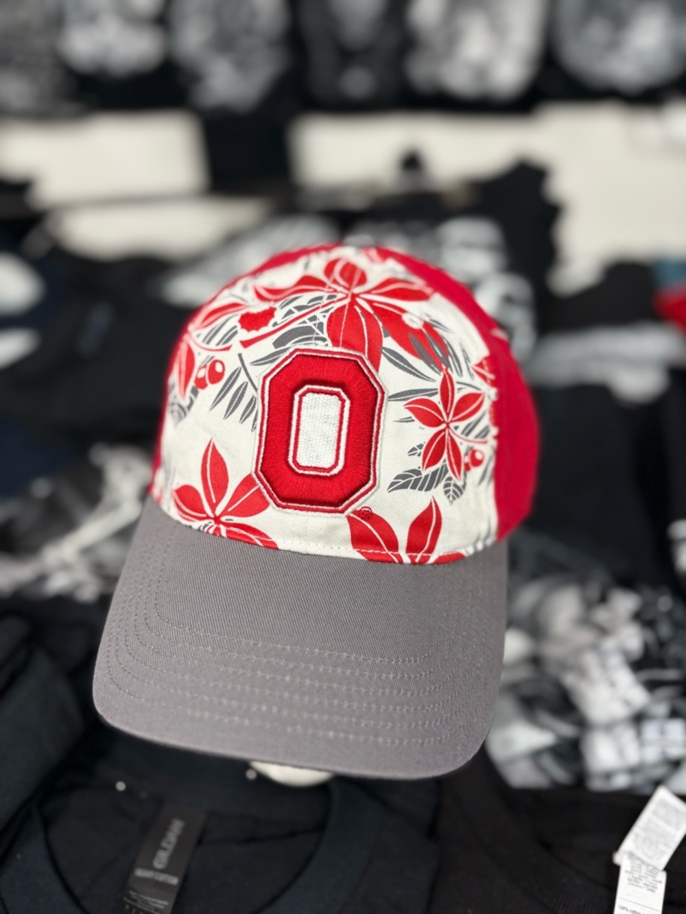 Red Floral 'O' Football Cap with Gray Brim